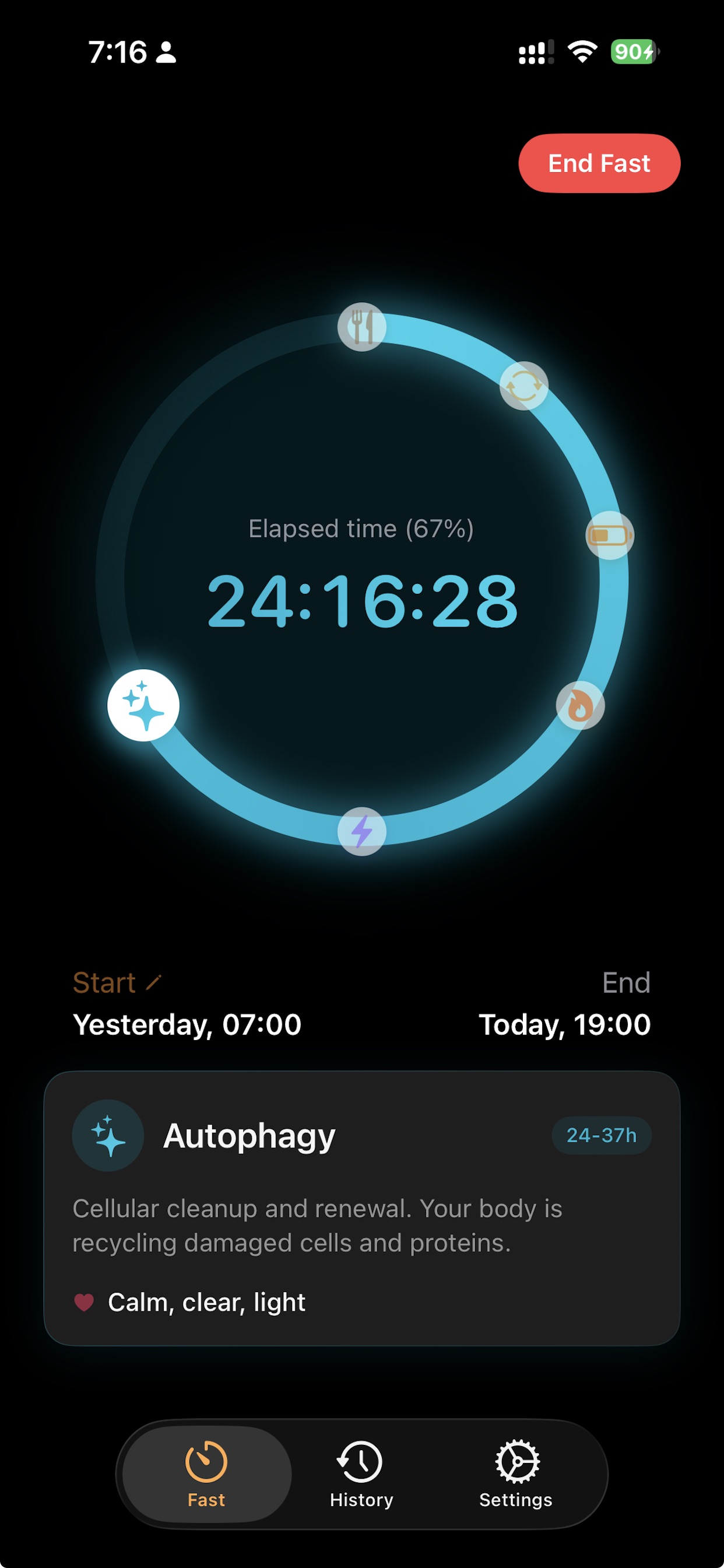 Fast36 app showing Autophagy stage at 24 hours
