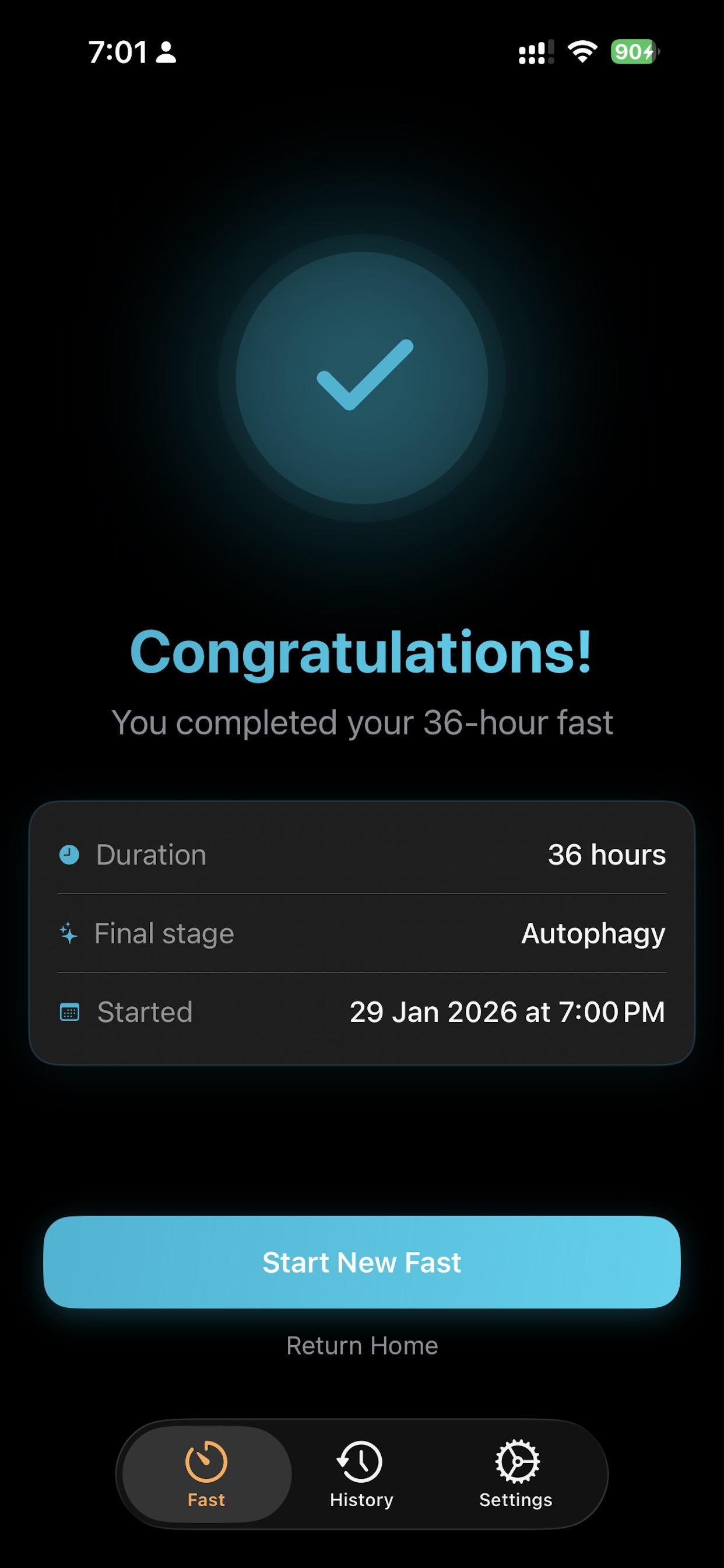 Fast36 app completion screen showing 36-hour fast completed